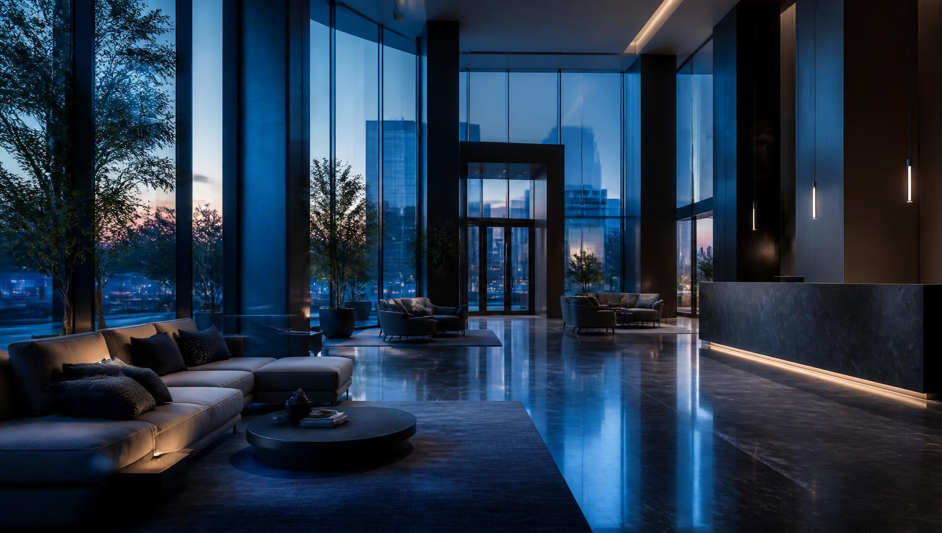 Abstract, softly blurred impression of a five-star hotel lobby at dusk